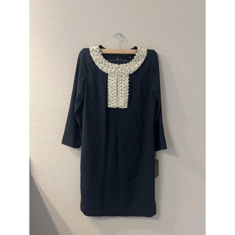 WORTH 3/4 Sleeve Pearl Sequin Rhinestone Embellished Dress‎ Navy Women's XXS